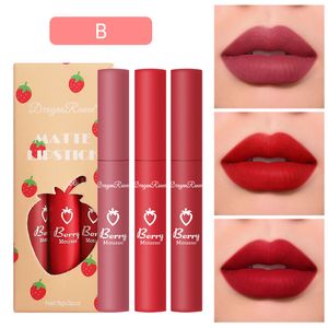 3PCS/SET Truskawkowy szminka zbiór szminki matowa aksamitna mgła seksowna czerwona warga glosy fasola pasta lipgloss makijaż makijaż kosmetyczny