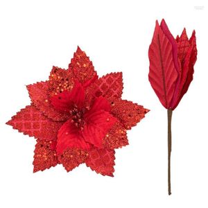 Christmas Decorations Artificial Flashing Flower 17cm Cloth Accessories For Holiday Golden Glitter El Shopping Mall Decoration