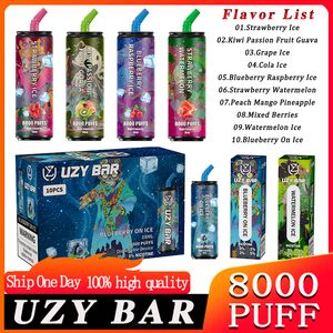 Original Uzy Bar 8000 Puff 8000 Puffs 8k engångscigaretter har mesh -spole 1,2hm 14 ml disponibla vapes penna 0/2/3/5% uppladdningsbar 1100 mAh vs Kulx