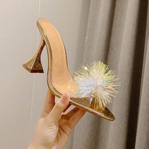 Bling Thin High Heels Women Mules Pumps Fashion Crystal PVC Прозрачные сандалии сексуальные заостренные пальцы для летней вечеринки