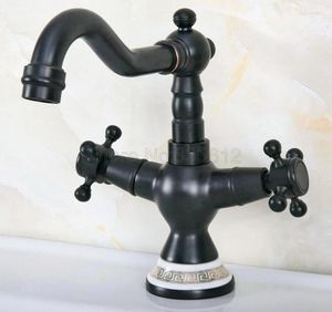 Banyo Lavabo Muslukları Havza Musluk Mikseri Musluk Döner Spout Siyah Yağ Ovulmuş Bronz Çift Çapraz Tutar Bir Delik Güverte Monte TNF649