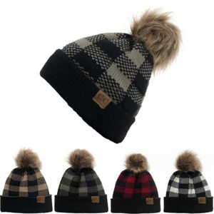 Christmas warm wool hat generous plaid color matching children's hat detachable wool ball curling knit hat