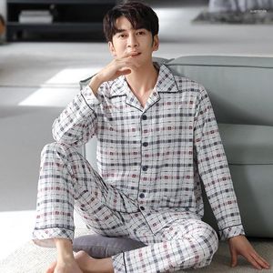 Men's Sleepwear Spring Autumn Cotton Pajamas Long Sleeve Lapel Plaid Cardigan Pants Large Loose Fitting Casual Home Clothing Set