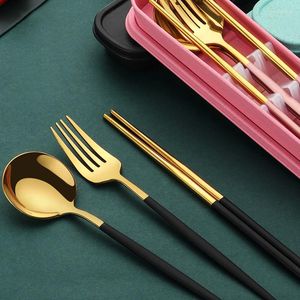 Dinnerware Sets Stainless Steel Tableware Set Portable Spoon Fork Chopsticks With Storage Box Kit For Student Adults Travel Picnic Office