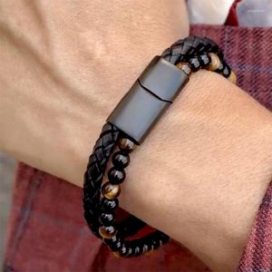 Strand Fashion Classic 23cm Vulcão Natural Stone Tiger Eye Breaded Bracelet Men's Hand Tare Leather Birthday Party Jewelry