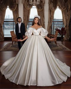 Elegant Ball Gown Wedding Dresses V Neck Middle Sleeves Sequins Appliques Diamonds Beaded Floor Length Satin Ruffles Zipper Bridal Gowns Plus Size Vestido de novia