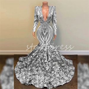 Silver Sequin Mermaid Prom Dress Sexig V Neck Långärmad aftonklänningar 3D blommor svarta flickor Senior födelsedag formella festklänningar Special tillfälle Vestidos de Gala