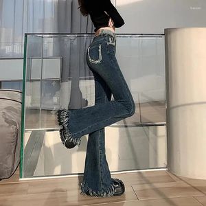 Jeans femininos mexzt vintage flare mulheres y2k retalhos borla larga perna denim calças streetwear coreano cintura alta magro calças de comprimento total