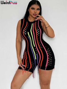 Women's Jumpsuits Rompers Weird Puss Sexy Backless Women Rompers Colorful Stripes Tassel One Pieces Body-Shaping Y2K Streetwear Party 2023 Summer Overalls