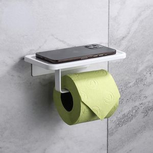 Bath Accessory Set White Toilet Tissue Holder Punching-free Bathroom Rack Storage Mobile Phone Space Aluminium Roll Paper