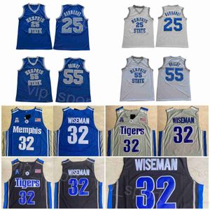 Men 55 William Wright Jerseys State Tigers College Basketball 25 Penny Hardaway 32 James Wiseman All Stitched University Black Blue White Grey Team Breathable NCAA