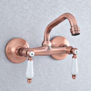 Bathroom Sink Faucets Antique Red Copper Wall Mounted Kitchen Vessel Faucet Dual Ceramic Lever Swivel Spout Basin Taps Tsf898