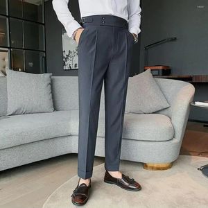 Erkek takım elbise düz bacaklı pantolon klasik ofis ince fit yüksek bel vintage cepleri resmi iş tarzı