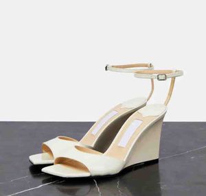 Summer lady sandal white leather wedges shoes Brien 85mm leathers wedge sandals wedding party dress woman ankle strap open toe high heel Box 35-43