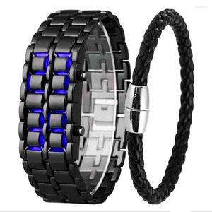 Wristwatches Fashion Sport Watch Men Quartz Clock Metal Digital Iron Blue LED Samurai For Binary Lava Relogio Masculino