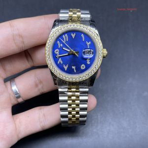 High quality men's boutique watch bi-gold stainless steel diamond watch blue dial with Arabic diamond scale fashionable popular men's and women's watch 36mm