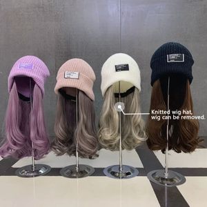 Beanie / Skull Caps Malha Peruca Chapéus Mulheres Casual Malha Chapéu Invisível Destacável Peruca Frio Gorros Inverno Quente Bonnets Tendência Longo Encaracolado Peruca Chapéus 231102