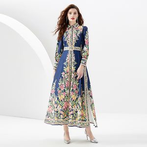 Woman Retro Floral Maxi Dress Robe Printed Lapel Button Front Slim Blue Shirts Boho Dresses with Belt 2023 Chic Runway Designer Vacation Party Lantern Sleeve Frocks