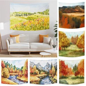 Tapissries Autumn Yellow Watercolor Landscape Mountain Tapestry Wall Hanging Art Eesthetics For Bedroom Dorm Decor