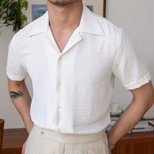 2023 Camicia a maniche corte colletto cubano estivo Camicia a maniche corte per vacanze al mare Camicia tinta unita traspirante Retro Top allentato Ropa Hombre Casual