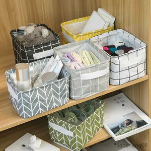 Storage Baskets Small Foldable Canvas Storage Basket With Handle Cotton And Linen Desktop Storage Box Small Fresh Waterproof Storage Basket R231103