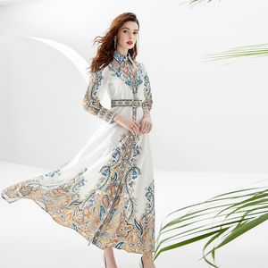 Women Designer Casual Shirt Maxi Dress with Belt Lantern Sleeve Lapel Slim Party Vintage Print Long Dresses Robe 2023 Spring Autumn Fashion Runway Vacation Frocks