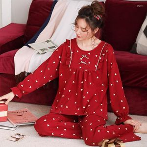 Kvinnors sömnkläder Spring Atumn Ladies Pyjamas Set Cotton Casual Red Nightwear Long Sleeve Loungewear Women M-3XL