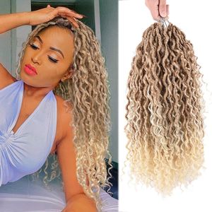 18 Inch River Faux Locs Crochet Hair Synthetic Ombre Blonde Pre Looped Curly End Wavy Boho River Hippie Goddess Faux Locs Braids Hair Extensions