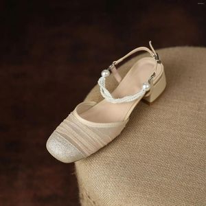 Mesh sandalias doces sandálias sexy slingback verão elegante e elegante cabeça sapatos grossos de parada de miçanga com o salto intermediário 1706 795