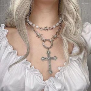 Anhänger Halsketten Vintage Nachahmung Perlen Kreuz Halskette Für Frauen Hip Hop Süße Kühle Mehrschichtige Schlüsselbein Kette Schmuck