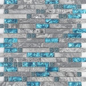 11-ark Glassten Stone Backsplash Tile, Polished Grey and Teal Blue Crystal Shower Wall Tiles, Slumpmässiga sammanlåsande mönster Mosaik för kök och badrum 9805