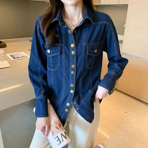 Women's Blouses #3118 Autumn Winter Blue Outerwear Denim Shirt Women Single Breasted Womens Tops And Regular Fit Jeans Ladies