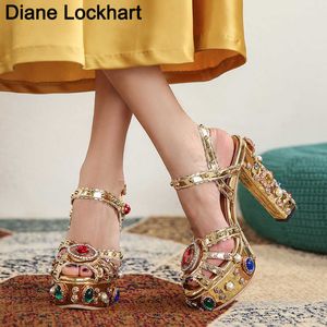 Luxury Rhinestone Gold Leather Sandals Platform Super High Heel Metal Decor Party Shoes Women Formal Bridal Wedding Pumps 41 230403