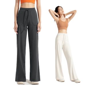 Lu Yoga Pants Pocket Straight Length Pants Women's High Waist Loose Slim Fitness Pants Wide Leg Casual Drawstring Home Suit CK034