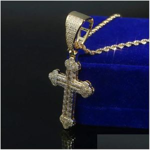 Pendant Necklaces Iced Out Cross Pendant Tennis Chain Necklace For Men With Gold Color Rope Link Necklaces Hip Hop Jewelry Gift Drop D Dhryl