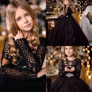 Gorgeous Black Tulle Flower Girl Dresses With Long Sleeves Lace Wedding Little Girl's Pageant Gowns Puffy Skirt Princess Toddler Formal Party Birthday Dress CL2876