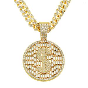 Pendant Necklaces Hip Hop Full Rhinestones Cuban Link Chain Gold Silver Color Round Dollar Sign Necklace For Men Women Rapper Jewelry Gift