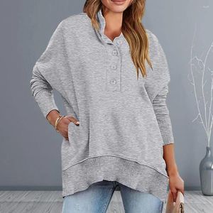 Kadın Hoodies Yumuşak Kadın En İyi Şık Sonbahar Kış Sweatshirt Gevşek Uyum Düğmesi Dekor Patchwork Tasarım Standı Yaka Külver Kalın Kalın