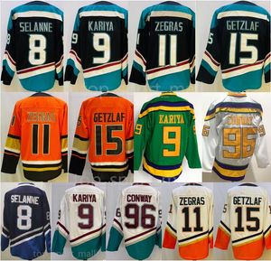 Mighty 11 Trevor Zegras Jerseys Hockey 15 Ryan Getzlaf 8 Teemu Selanne 9 Paul Kariya 96 Charlie Conway 팀 화이트 오렌지 블랙 영화 그린 1993 빈티지 남성 좋은 스티치