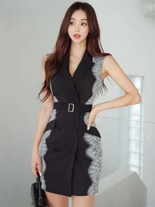 Casual Dresses Summer Eelgant Blazer Dress Women Korean Fashion Sleeveless Double Breasted Lace Patchwork Mini Bodycon Office Lady Lady