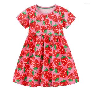 Flickklänningar QR9731 2023 Summer Girls 'Short Sleeve Dress Strawberry Print Round Neck Princess Wholesale For Children