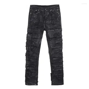 Men's Jeans Dark Coating Wax Brushing Erosion Hole Men Ripped Casual Denim Pants Street Hip Hop Black Trousers