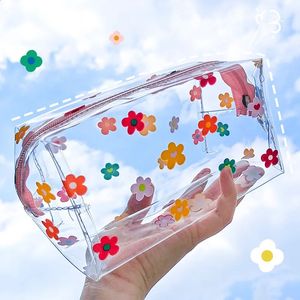 Kosmetiska väskor fall kawaii söt transparent kosmetisk väska stor kapacitet bärbar tryck frukt hjärtmönster blyerts fodral makeup lagring väska 231102