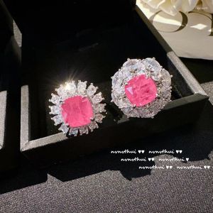 Cluster Rings Luxury S925 Silver Pink Cushion High Carbon Tourmaline For Women Micro Pave Diamond Crystak Dainty Engagement Present Jewelry