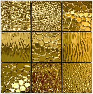10 Blatt Backsplash-Fliesen aus Edelstahl zum Abziehen und Aufkleben auf die 3D-Akzentwand für die Küche in geprägtem Gold