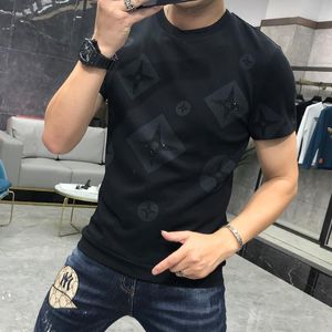 Herr t-shirts lyxigt nytt tryck merceriserad bomullsstrass rasslad casual manlig smal tees designer rund krage kort ärm toppkläder rosa blå m-5xl