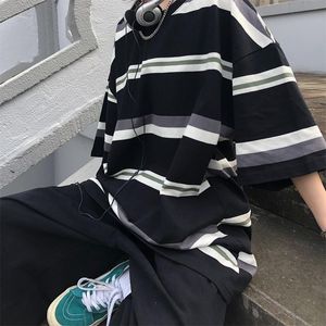 Erkek Tişörtler Siyah Stripe T-Shirt Erkek Yaz Punk T-Shirt Erkek Japon Serin Giyim Sıradan Punk Giyim Gevşek Hip Hop Gotik Erkekler T-Shirt 230403