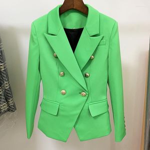 Kvinnorjackor 2023 Kvinnor Blazers Högkvalitativa skarpa varor Kvinnlig liten kostym Päls Metallhuvud Buckla Double-Breasted Slim Apple Green