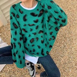 Kvinnors tröjor Vintage Leopard Sited tröja Kvinnor Vinter ful kvinnlig Casual Loose High Street Korean Pullover 2023