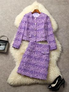 Dwuczęściowa sukienka Tesco Purple Blazer Suit for Ladies High Wase Office Lady Solid Tassel Party Ropa de Mujer